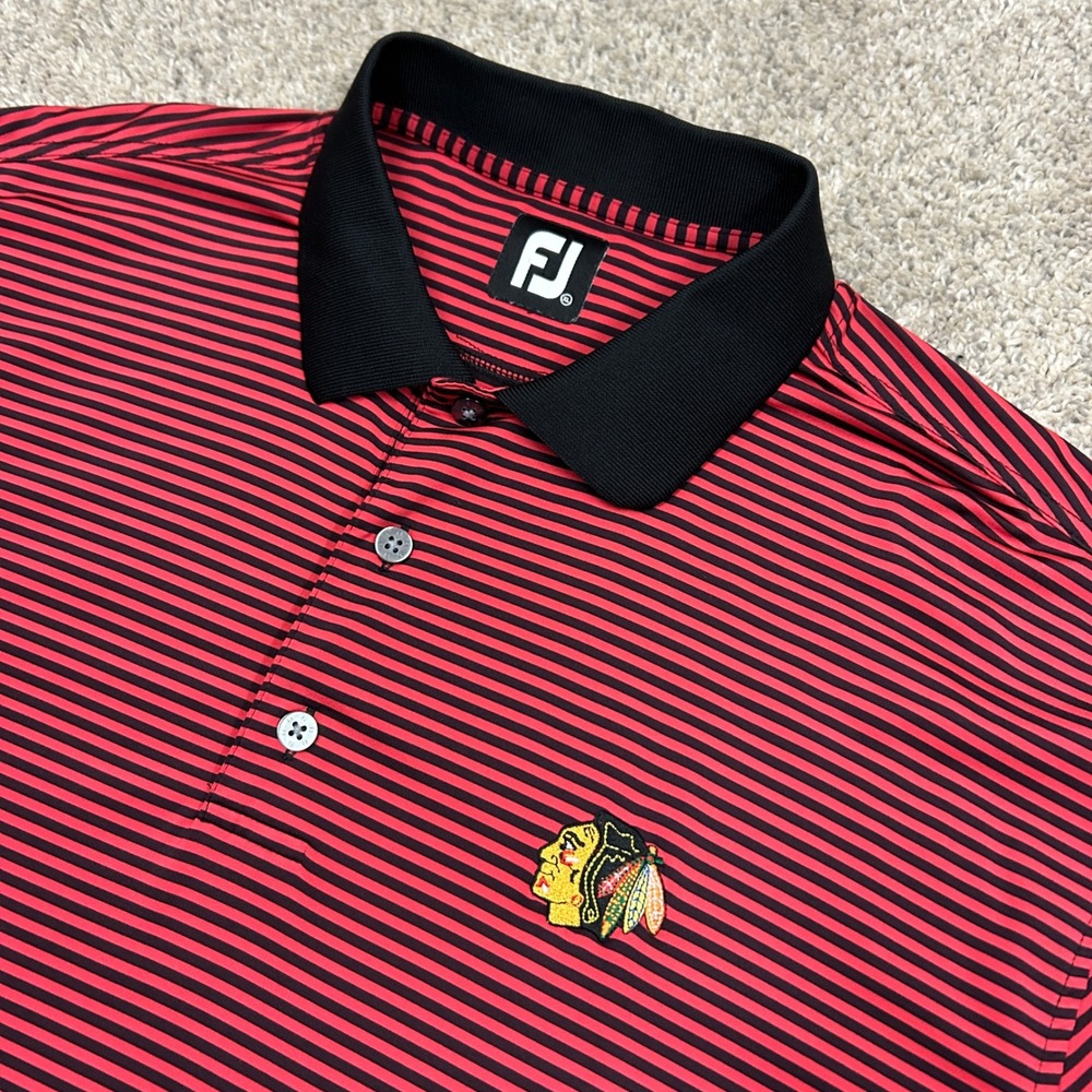FootJoy Polo Shirt XL Red Black Chicago Blackhawks Striped Golf Performance Mens